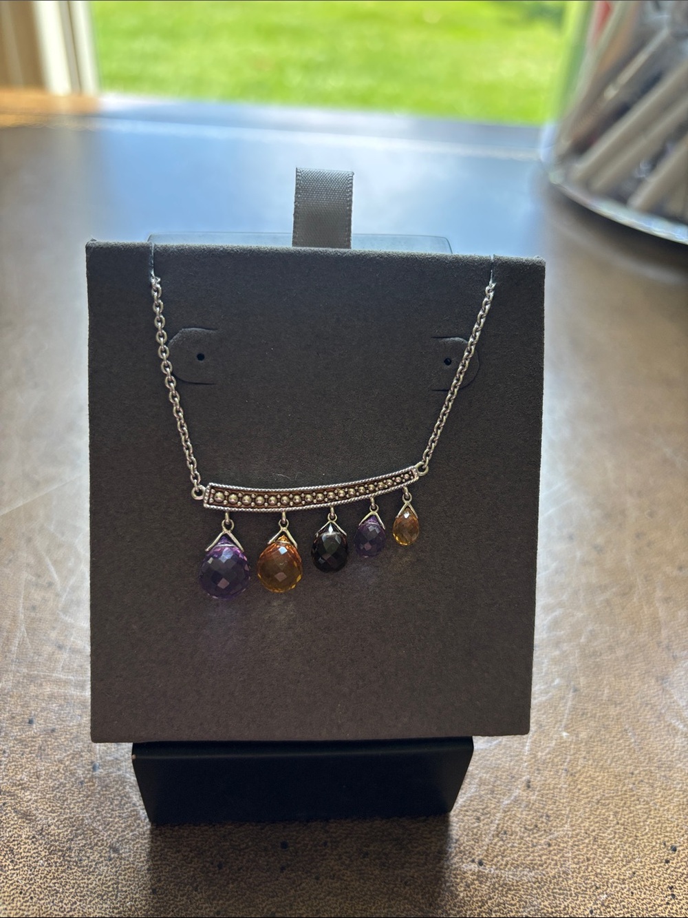 One of a Kind Sterling Silver Multi-Gem Teardrop Necklace - Purple, Amber, Black